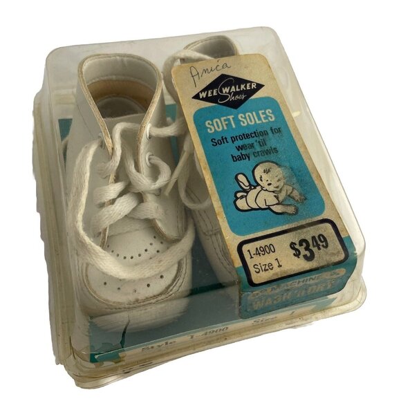 Wee Walker Vintage White‎ Baby Shoes w/ Original Box 1960’s Size 1 - Picture 1 of 9